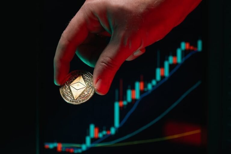 A hand holding an Ethereum coin against a rising stock market graph, symbolizing cryptocurrency growth.
