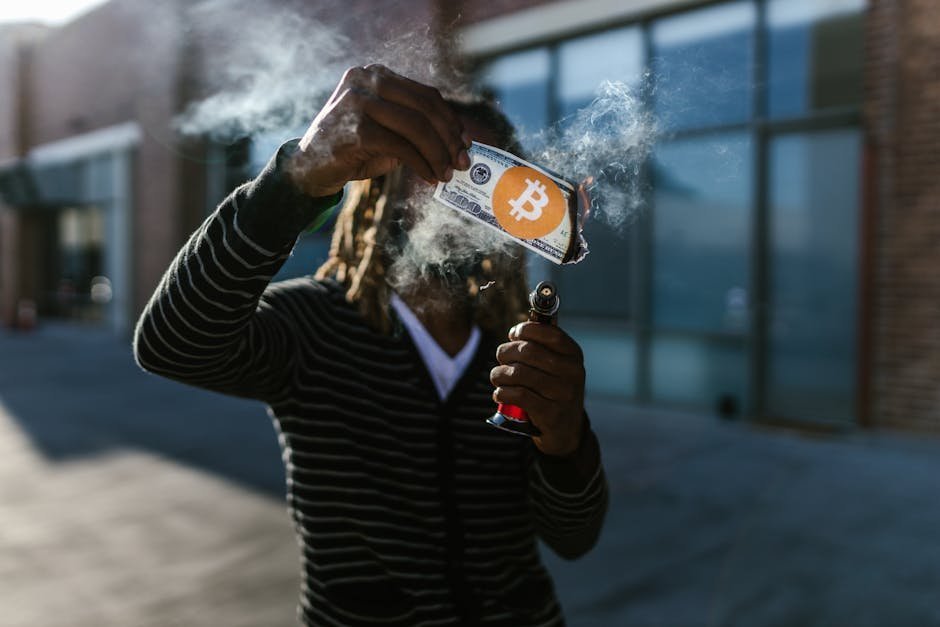A person holding a burning paper with Bitcoin symbol, symbolizing cryptocurrency risk.